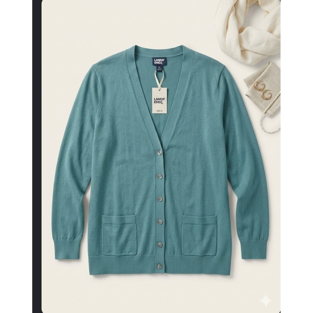 Lands End Womens 2X Teal Blue V-Neck Button Front Cardigan Sweater Pockets